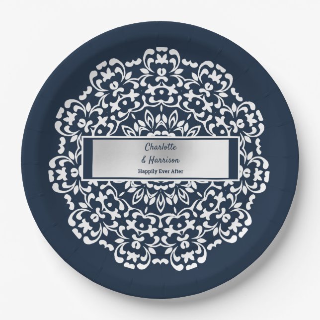 Navy White Silver Happily Ever After  Stylish Paper Plates (Front)