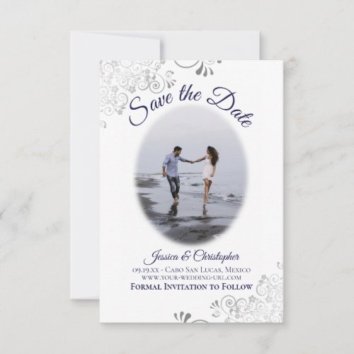 Navy  White Simple Elegant Wedding Oval Photo Save The Date