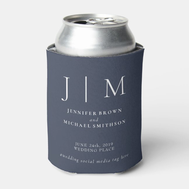Navy White Simple Formal Modern Classic Wedding Can Cooler