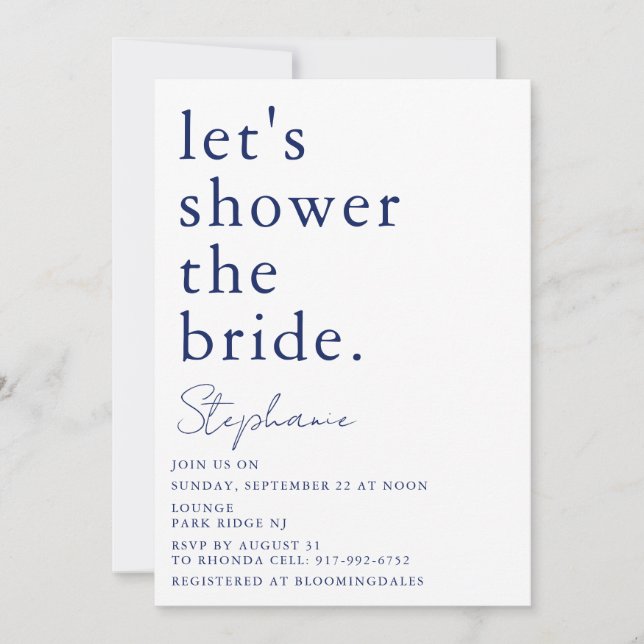 Navy White Simple Modern Bridal Shower  Invitation (Front)