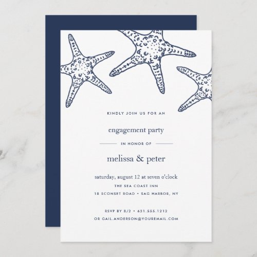 Navy  White Starfish Engagement Party Invitation
