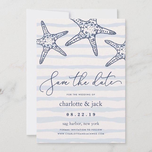 Navy & White Starfish Save the Date Card (Front)