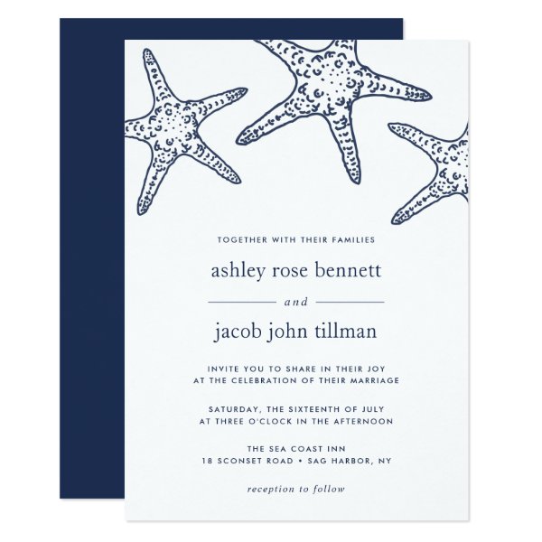 256258582161422441 Navy & White Starfish Wedding Invitation