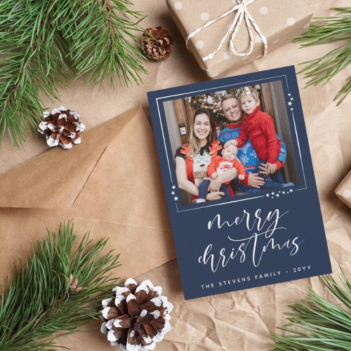 Navy  White Stars 2 Photos Merry Christmas Holida Holiday Card