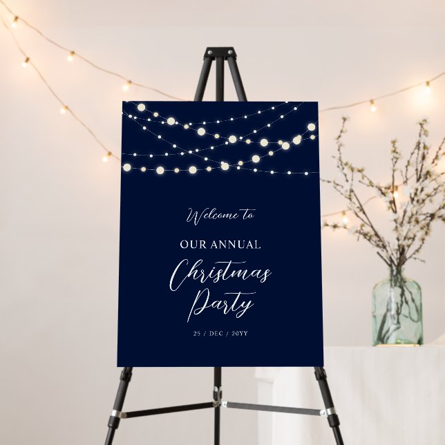 Navy & White String Light Christmas Party Welcome Foam Board (In Situ (Stand))