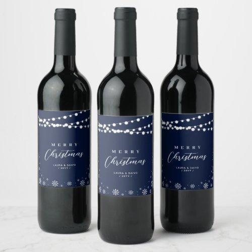 Navy  White String Lights Snow Merry Christmas Wine Label