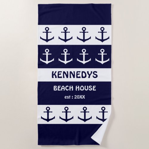 Navy White Stripe Anchor Beach House Family Name Beach Towel