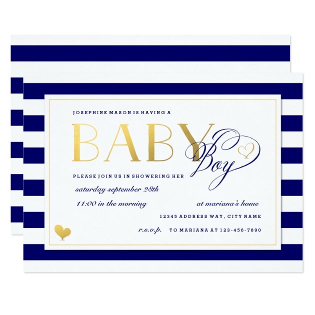 Navy & White Stripe Baby Boy Shower Gold Accents Invitation