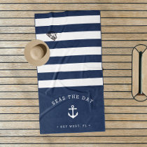 Navy &amp; White Stripe Boat Name Beach Towel