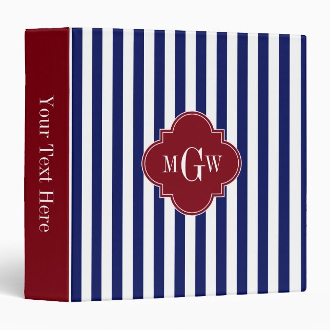 Navy White Stripe Burgundy Quatrefoil 3 Monogram 3 Ring Binder (Front/Spine)