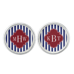Navy White Stripe Burgundy Quatrefoil 3 Monogram Cufflinks