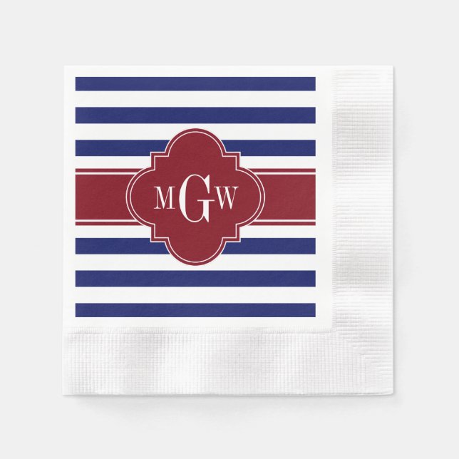 Navy White Stripe Burgundy Quatrefoil 3 Monogram Napkins (Front)