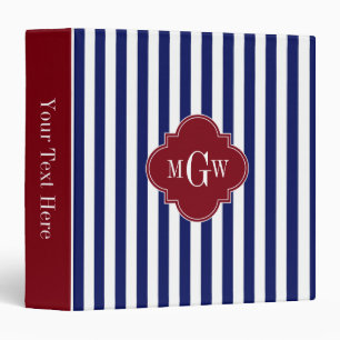 Navy White Stripe Burgundy Quatrefoil 3 Monogram Ring Binder