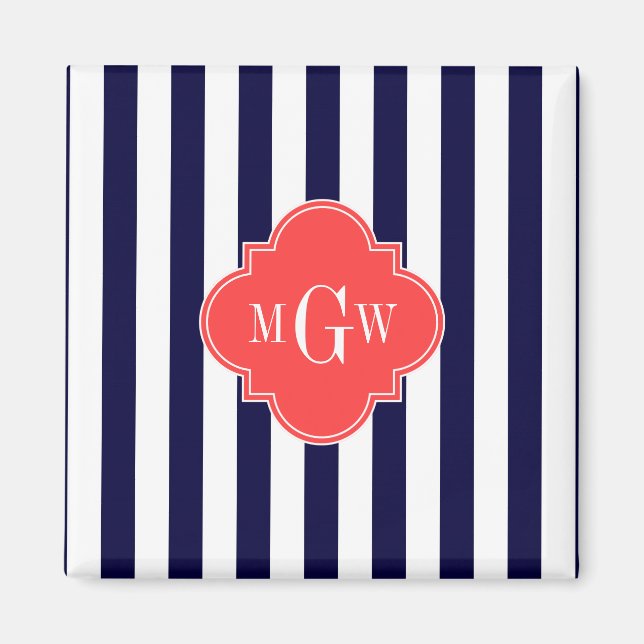 Navy White Stripe Coral Red Quatrefoil 3 Monogram Magnet (Front)