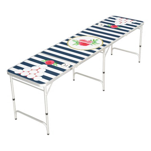 Navy White Stripe Coral Watercolor Floral Monogram Beer Pong Table