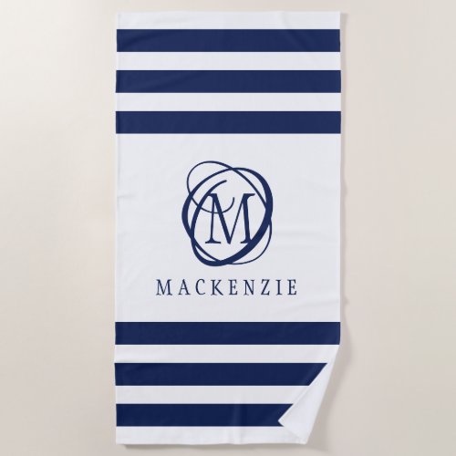 Navy White Stripe Elegant Monogram Name  Beach Towel