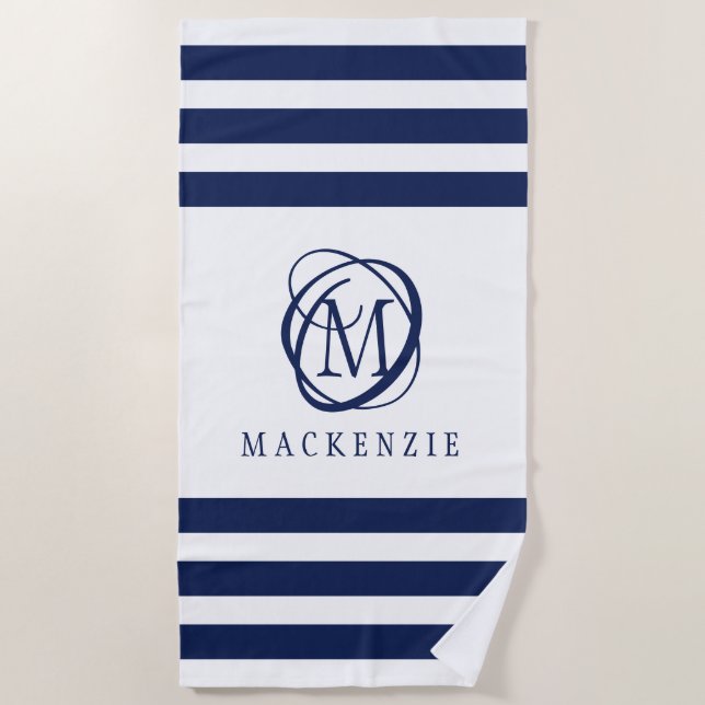 Navy White Stripe Elegant Monogram Name  Beach Towel (Front)