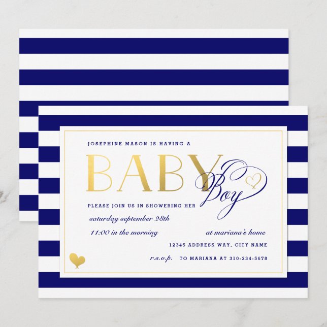 Navy & White Stripe Faux Gold Boy Baby Shower Invitation (Front/Back)
