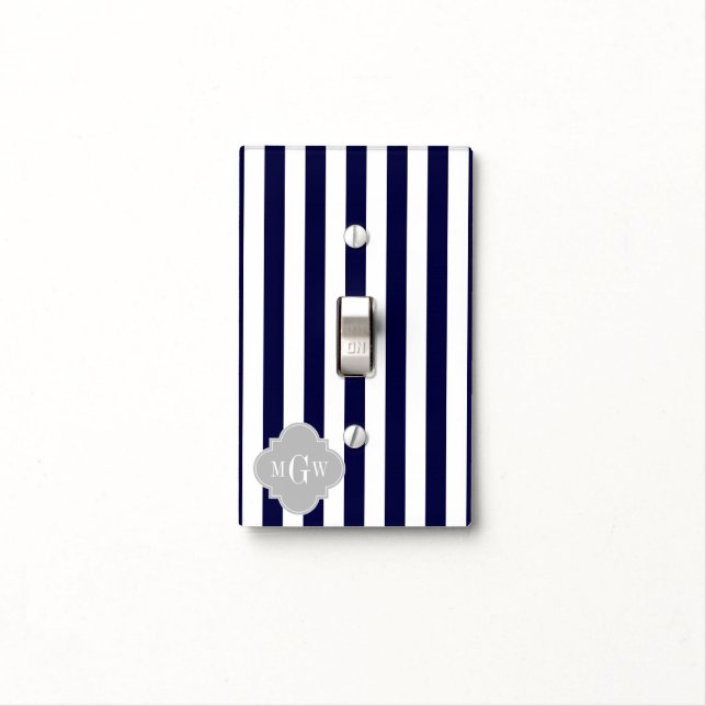 Navy White Stripe Gray Quatrefoil 3 Monogram Light Switch Cover (In Situ)