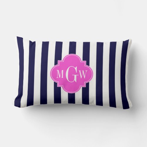 Navy White Stripe Hot Pink Quatrefoil 3 Monogram Lumbar Pillow