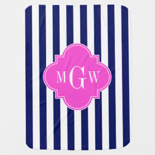 Navy White Stripe Hot Pink Quatrefoil 3 Monogram Swaddle Blanket