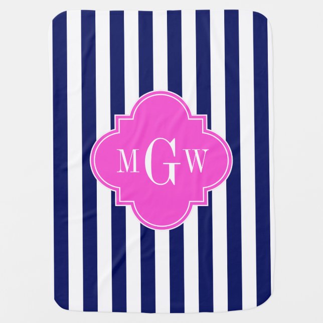 Navy White Stripe Hot Pink Quatrefoil 3 Monogram Swaddle Blanket (Front)