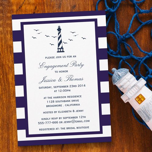 Navy  White Stripe Lighthouse Nautical Engagement Invitation