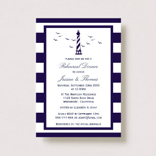 Navy & White Stripe Lighthouse Rehearsal Dinner Invitation