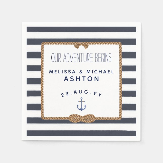 Navy & White Stripe Nautical Knot Infinity Wedding Napkins (Front)