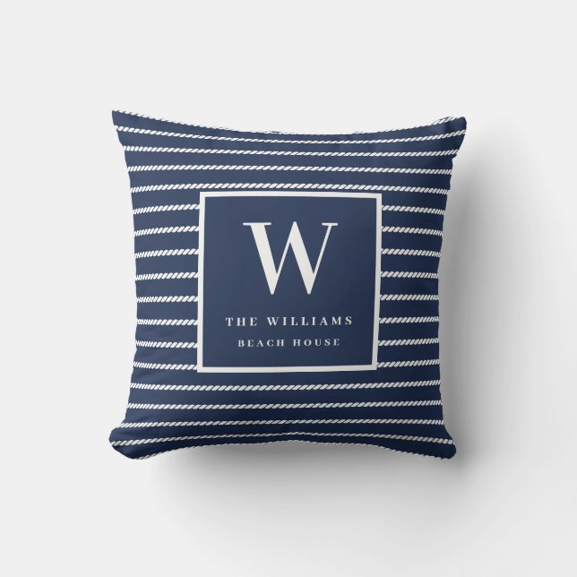 Navy White Stripe Nautical Rope Monogram Throw Pillow (Front)
