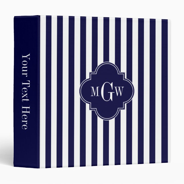 Navy White Stripe Navy Blue Quatrefoil 3 Monogram Binder (Front/Spine)
