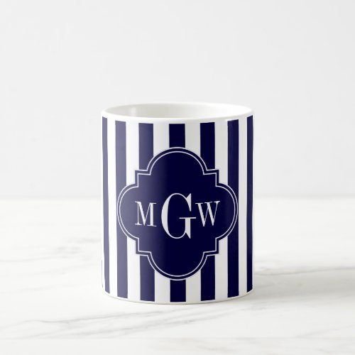 Navy White Stripe Navy Blue Quatrefoil 3 Monogram Coffee Mug