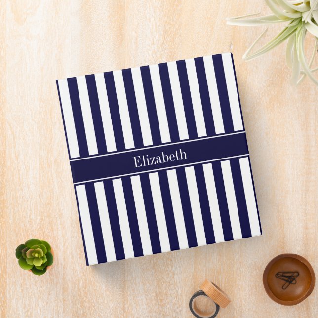 Navy White Stripe Navy Blue Ribbon Name Monogram 3 Ring Binder (In Situ)