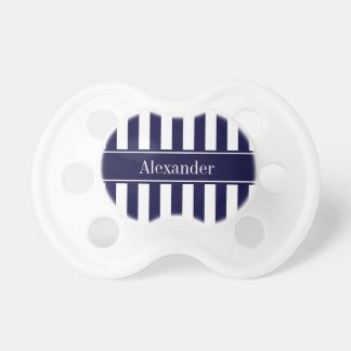 Navy White Stripe Navy Blue Ribbon Name Monogram Pacifier