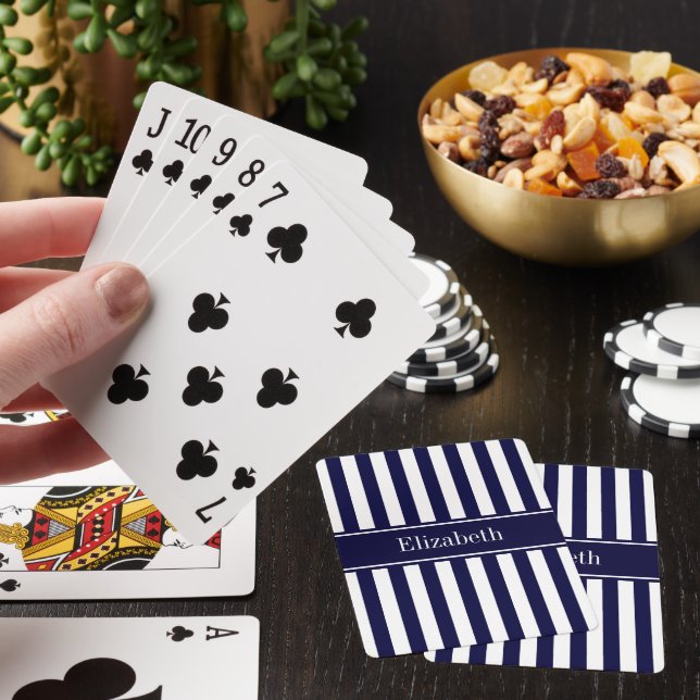 Navy White Stripe Navy Blue Ribbon Name Monogram Poker Cards (In Situ)