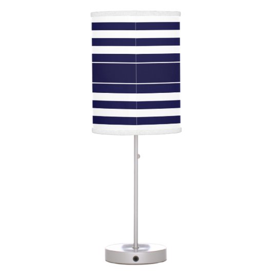 Navy White Stripe Navy Blue Ribbon Name Monogram Table Lamp (Back)