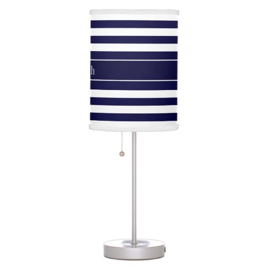 Navy White Stripe Navy Blue Ribbon Name Monogram Table Lamp (Right)