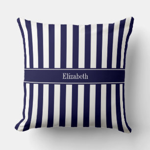 Navy White Stripe Navy Blue Ribbon Name Monogram Throw Pillow