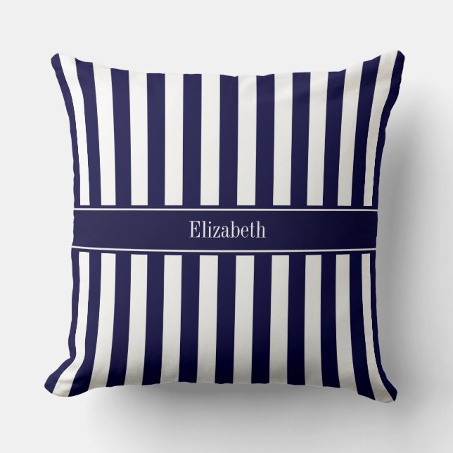Navy White Stripe Navy Blue Ribbon Name Monogram Throw Pillow (Front)