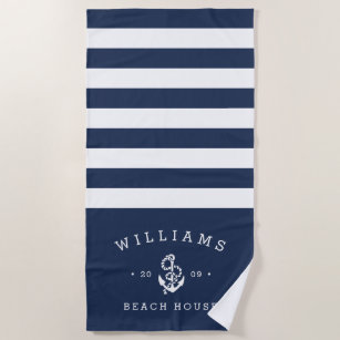 Beach Towels Zazzle Navy White Stripe Personalized Beach House Towel