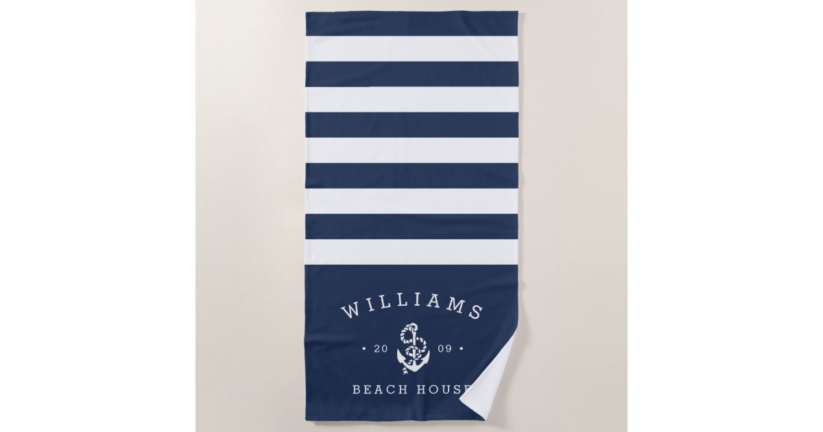 Navy White Stripe Personalized Beach House Towel Zazzle