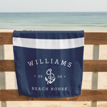 Navy &amp; White Stripe Personalized Beach House Beach Towel