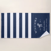 Navy & White Stripe Personalized Family Vacation Beach Towel (Front)