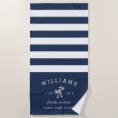 Navy & White Stripe Personalized Family Vacation Beach Towel (Front)