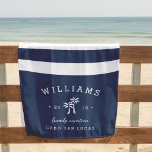 Navy & White Stripe Personalized Family Vacation Beach Towel<br><div class="desc">Commemorate your family vacation,  trip or cruise with these unique custom beach towels. Personalized design features classic nautical navy blue and white stripes with your family name,  event type,  year and destination flanking a pair of white palm tree silhouette illustrations.</div>