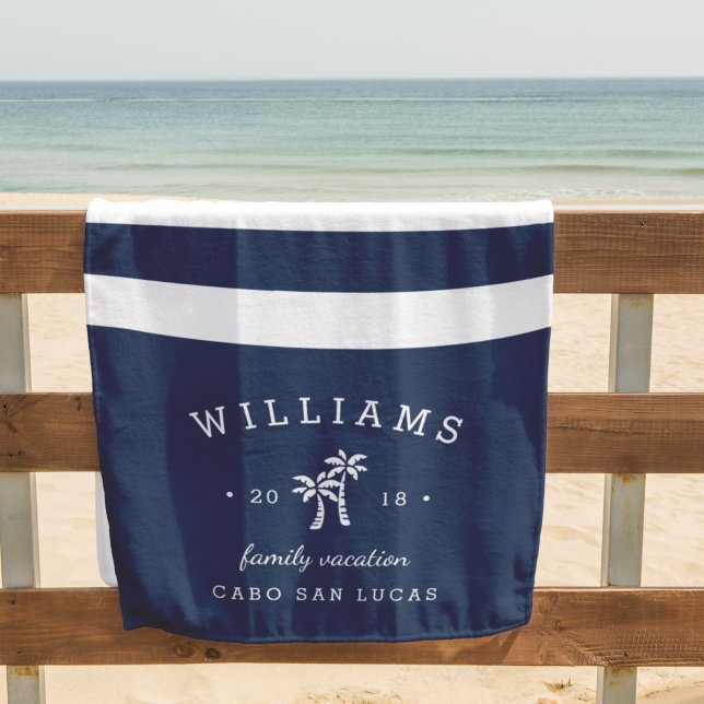 Navy & White Stripe Personalized Family Vacation Beach Towel