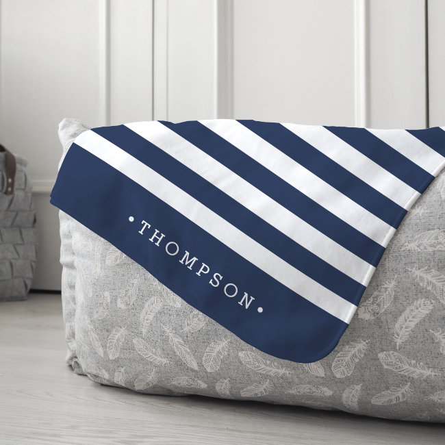 Navy & White Stripe Personalized Sherpa Blanket