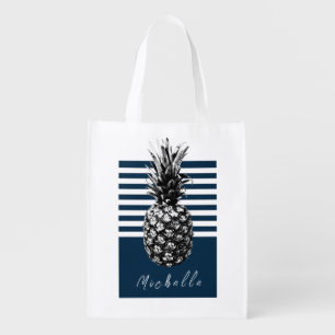 Navy & White Stripe Pineapple Custom Grocery Bag