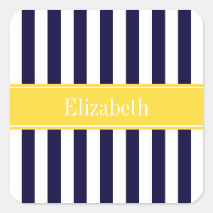 Navy White Stripe Pineapple Ribbon Name Monogram Square Sticker