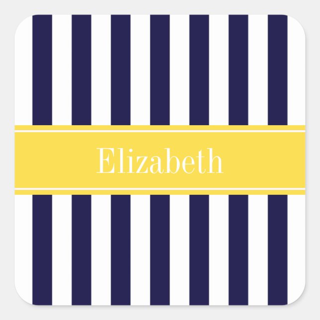 Navy White Stripe Pineapple Ribbon Name Monogram Square Sticker (Front)